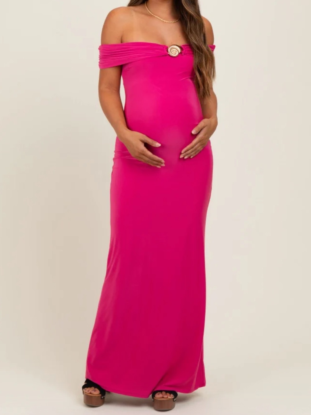 Fuchsia Off Shoulder Seashell Pendant Maternity Maxi Dress